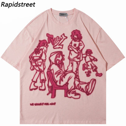 Harajuku Cartoon Girl Cat Japanese Kanji Graphic T Shirt Streetwear Men T-Shirt Summer Short Sleeve Tshirt Tops Tees Unisex