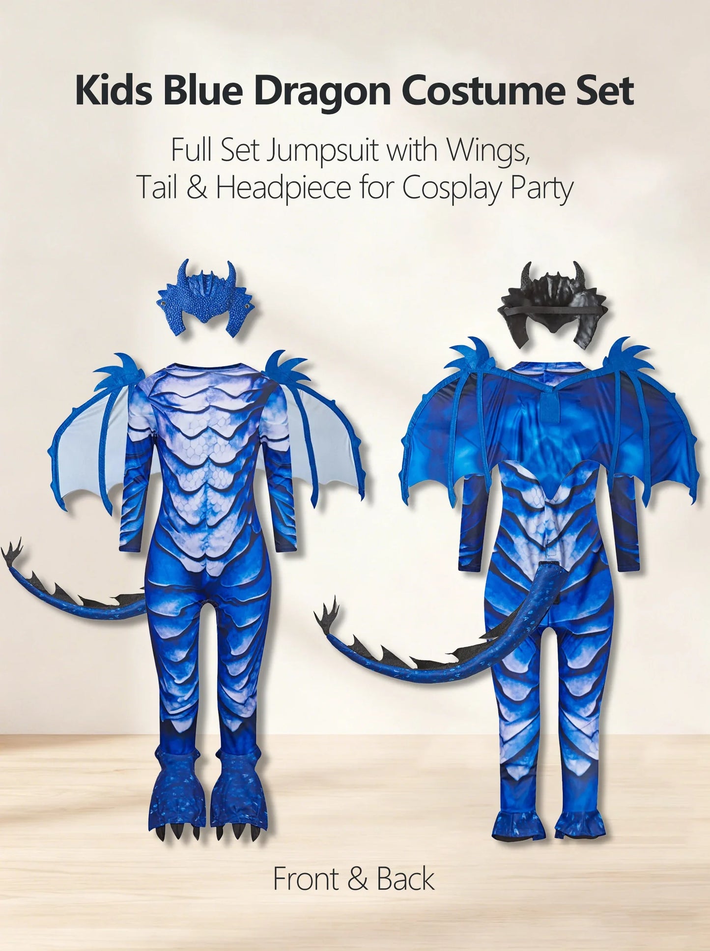 The Frost Blue Dragon Knight Jumpsuit for Kids, Halloween Carnival Theme Party Costume with Wing Tail Mask