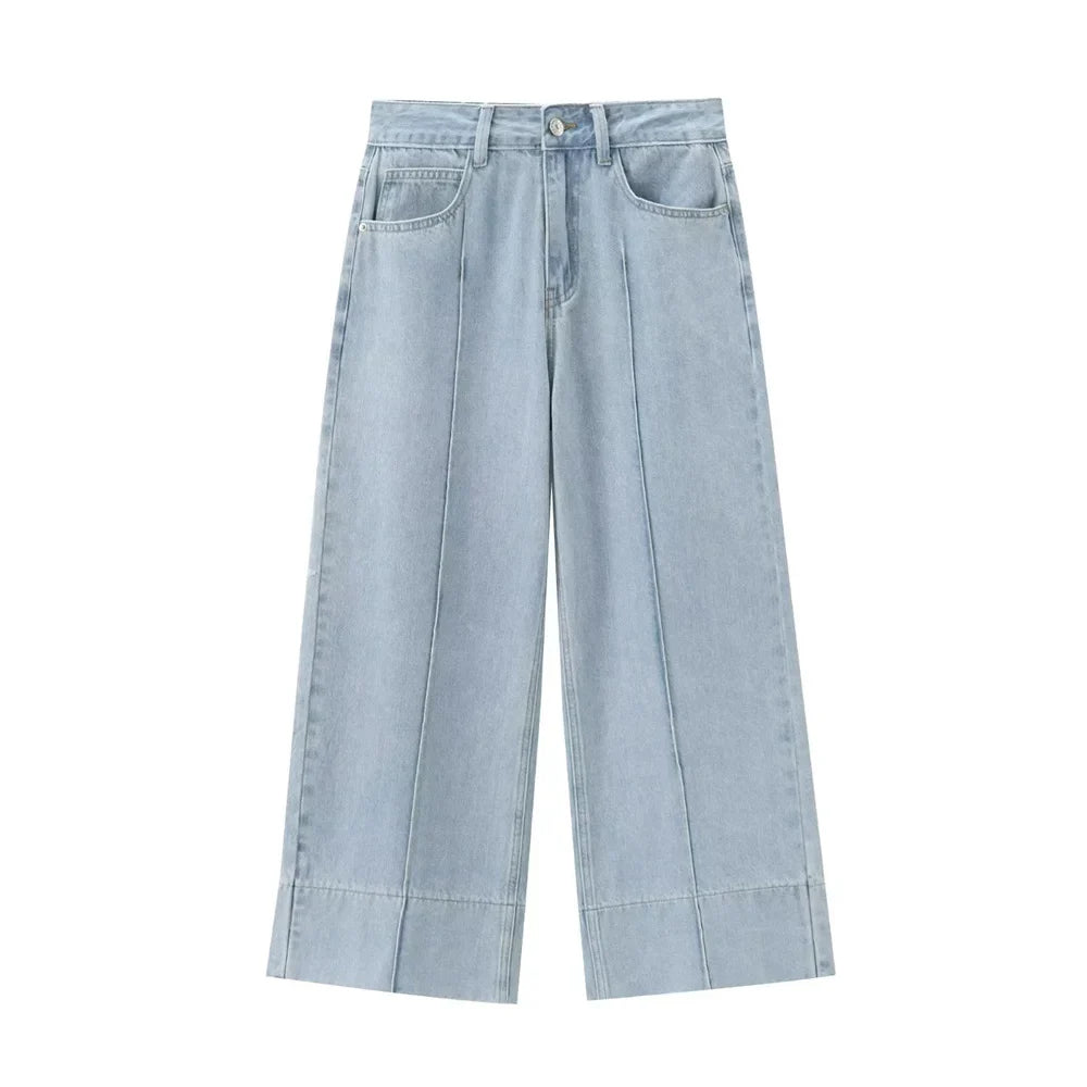 Calça Jeans Feminina de Cintura Alta com Perna Larga, Lisa, Versátil e Solta, Nova Coleção de Verão