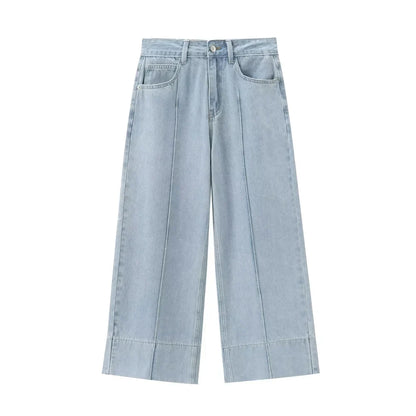 Calça Jeans Feminina de Cintura Alta com Perna Larga, Lisa, Versátil e Solta, Nova Coleção de Verão
