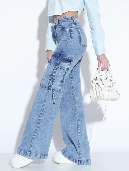 Women's Washed Utility Jeans with Multiple Pockets