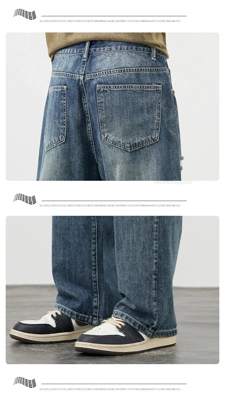 Korea Baggy Cargo Jeans Men Vintage Straight Ripped Y2k Pants Fashion Frayed High Street Distressed Denim Trousers Male Clothes