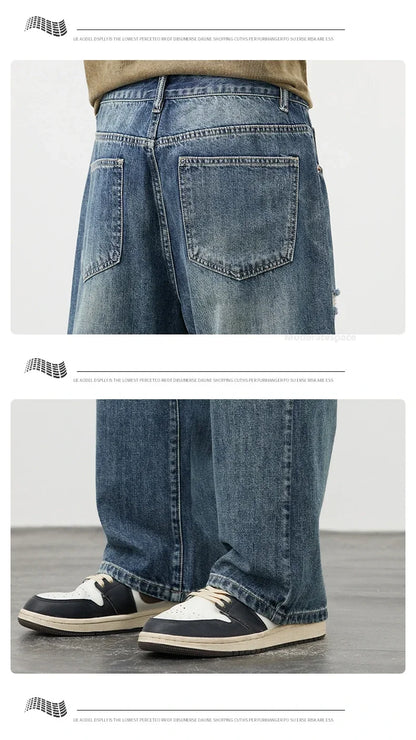 Korea Baggy Cargo Jeans Men Vintage Straight Ripped Y2k Pants Fashion Frayed High Street Distressed Denim Trousers Male Clothes