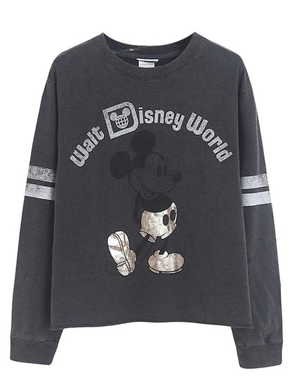 Retro Distressed Sweatshirt Women Mickey Mouse Casual Pullover Tops O Neck Long Sleeve Jumper Streetwear