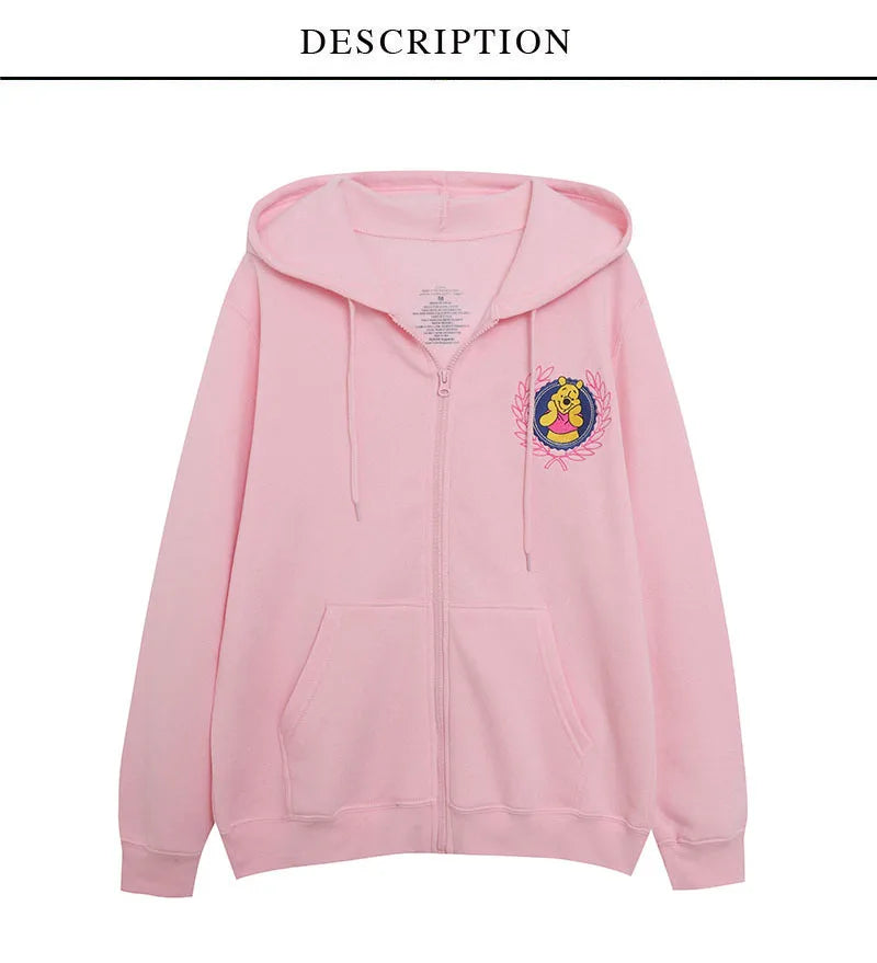 Cute Marie Cat Fleece Hooded Sweatshirt Winnie the Pooh Embroidery Zip Up Hoodies Jacket Women Casual Cartoon Jumper Top