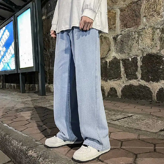 Men's Fashion Jeans Solid Color Drape Loose Straight Korean Vintage High Street Hip-hop Y2K Casual Daily Dragging Wide-leg Pants