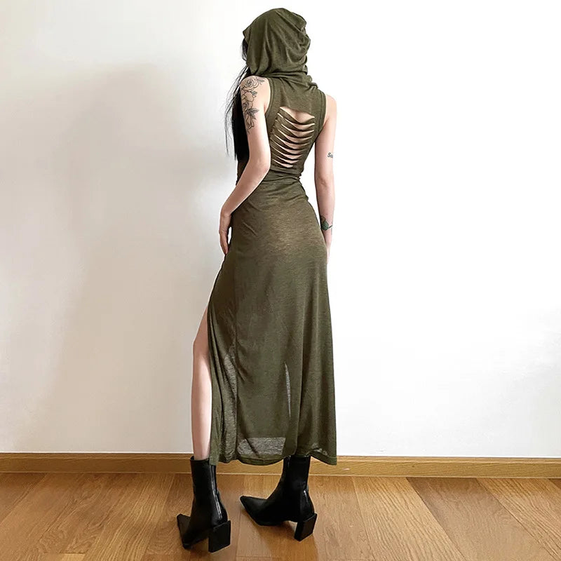 European And American Style Sleeveless Hooded Dress Long Split Hollow out Pure Color Women's Gown