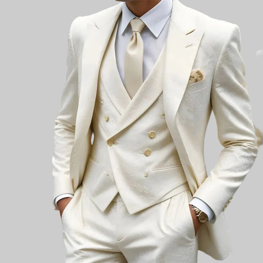 Fashion Notched Lapel Men's Suit Jacket Vest Pants 3PCS Classic Business Men Solid Color Suit Jacquard Groom Wedding Buckle suit