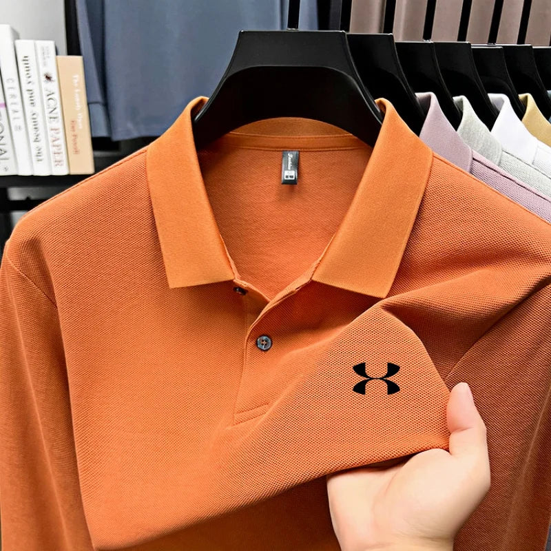 Men's brand polo shirt letter printed long sleeved top spring new 100% cotton casual sports breathable lapel fashionable T-shirt