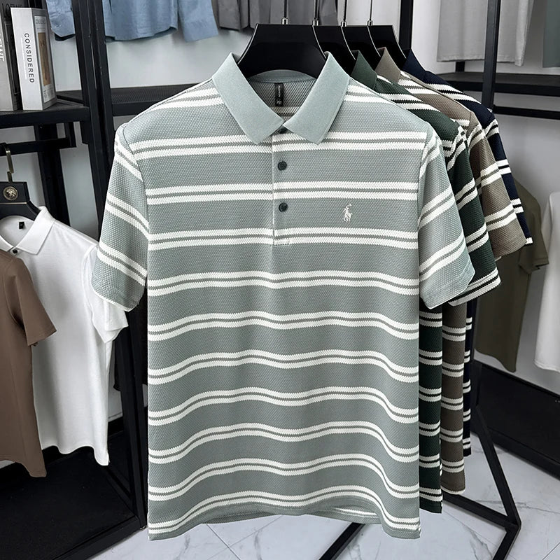 2026 New Men's Summer Short Sleeved Lapel Striped Polo Shirt, Business Casual Cool T-shirt