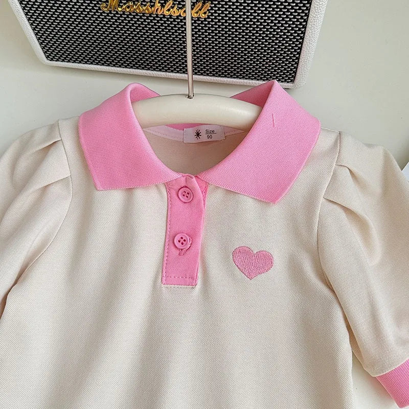 Girls Cotton Lapel Collar Dress Cute Solid Color  Pink  A-line Dress Kids Casual Skin-friendly Daily  Dress