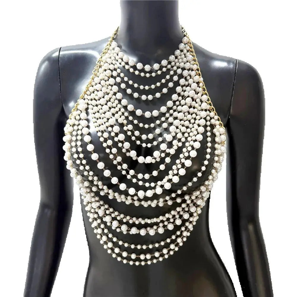 Elegant Tassel Pearl Chain Women Tank Top Body Chain Sexy Hollow Out See Through Backless Halter Neck Crop Top Party Club Camis