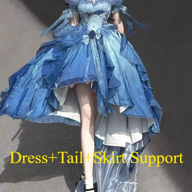 Original Lolita Trailing Puffy Dress Women Short Front Long Back Princess Blue Flower Wedding Dress Elegant Off Shoulder