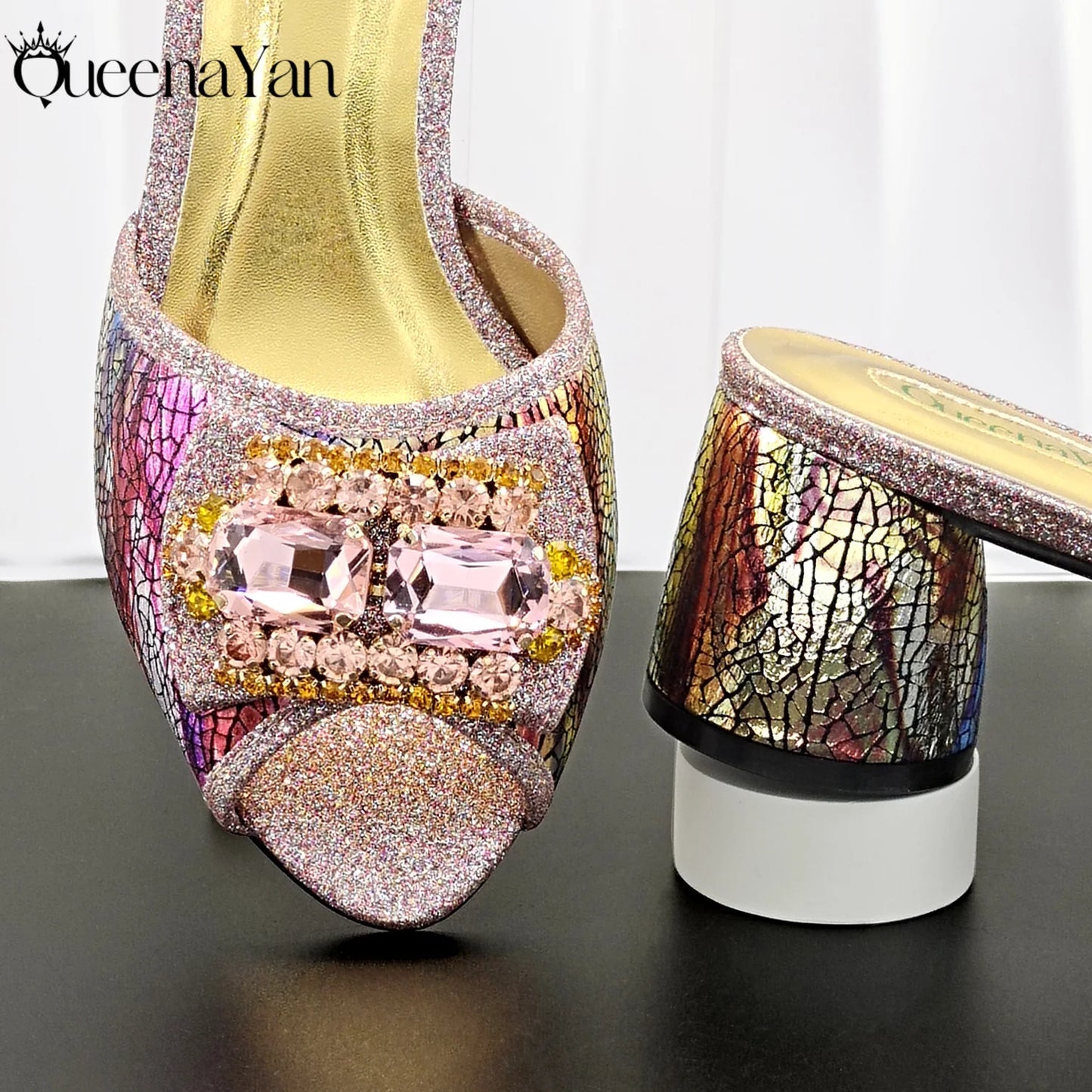 Fashion Mature  Brushed Style Rainbow Color Rhinestone Decoration Design Party Wedding Lady High Heels and Bag Set