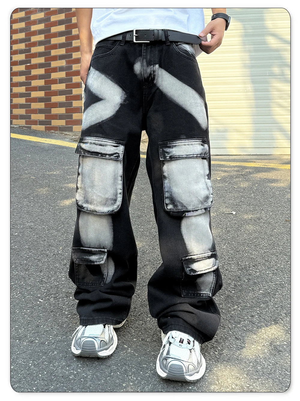 2026 Spring Summer Men's Black Straight Leg Workwear Jeans With Multiple Pockets High Street Style Splashed Ink Male Denim Pants