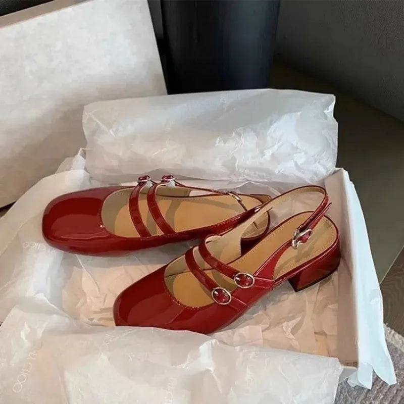 2025 Burgundy Mary Janes Square-Toe Double-Buckle Patent Leather Chunky Heel Shoes with Jean Styling