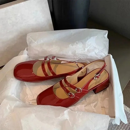 2025 Burgundy Mary Janes Square-Toe Double-Buckle Patent Leather Chunky Heel Shoes with Jean Styling