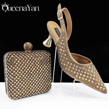 Italian Design Rhinestone Luxury Navy Blue Pointed Toe Shoe & Bag Set Women High Heels for Parties High Quality