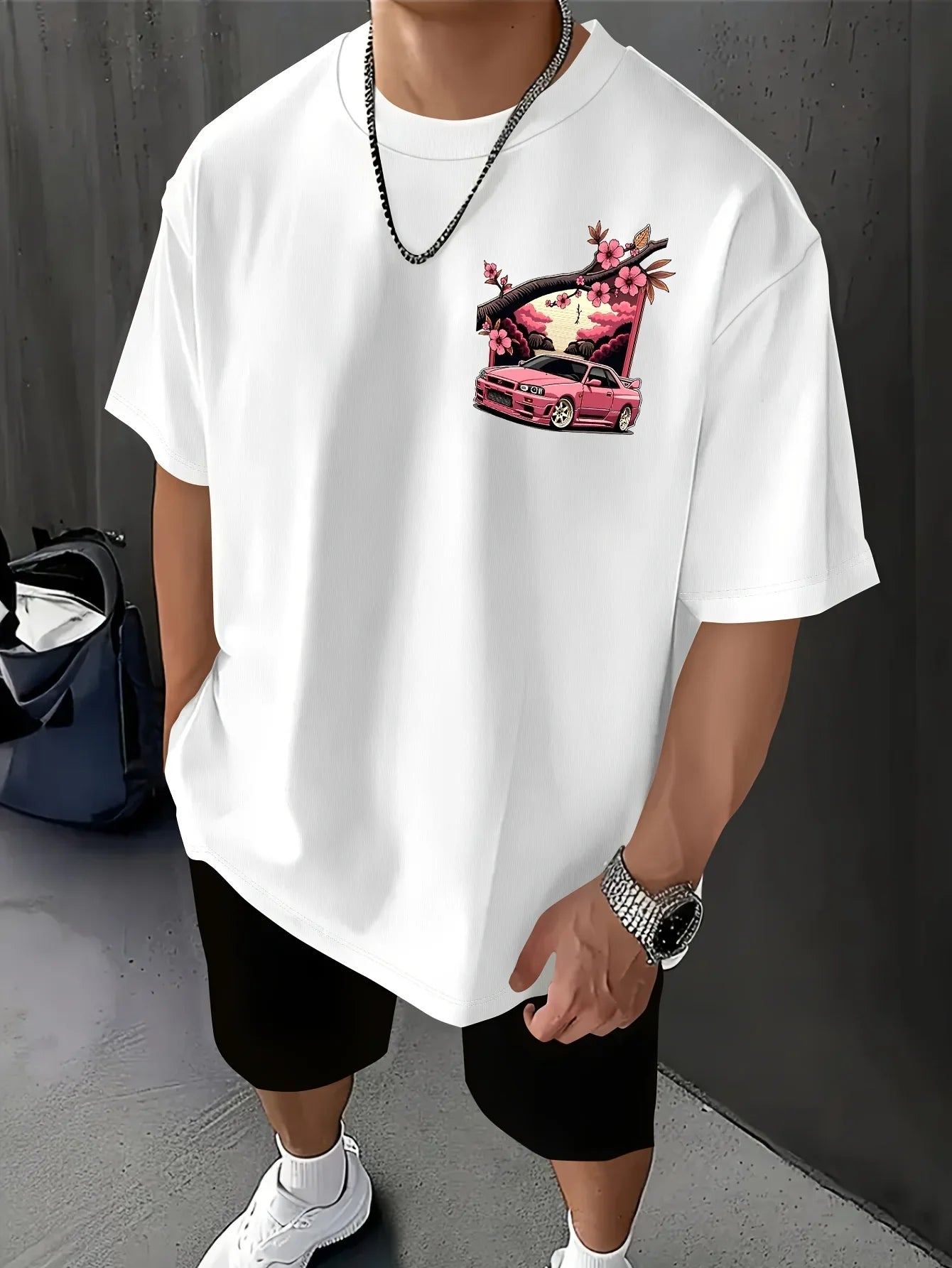 Men's Japanese Racing Graphic T-Shirt Sakura Motorsport Tee Cherry Blossoms Loose Fit Back Print Shirt Drift Events Streetwear