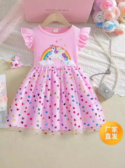 2026 Korean Style Girls Summer Unicorn Print Dress Short Sleeve Tulle Princess Gown Kids Casual Party Clothes for South Korea