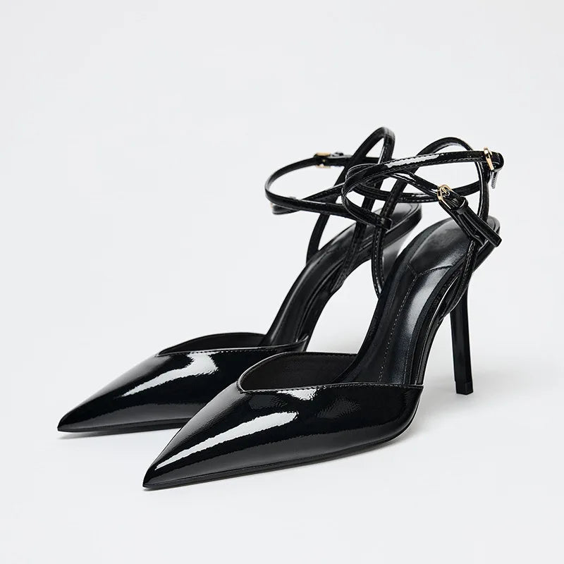 Elegant Pointed Toe Ankle Strap Brand Pumps Women High Quality Patent Leather Buckle Thin Heel Slide Sandals Banquet Dress Shoes