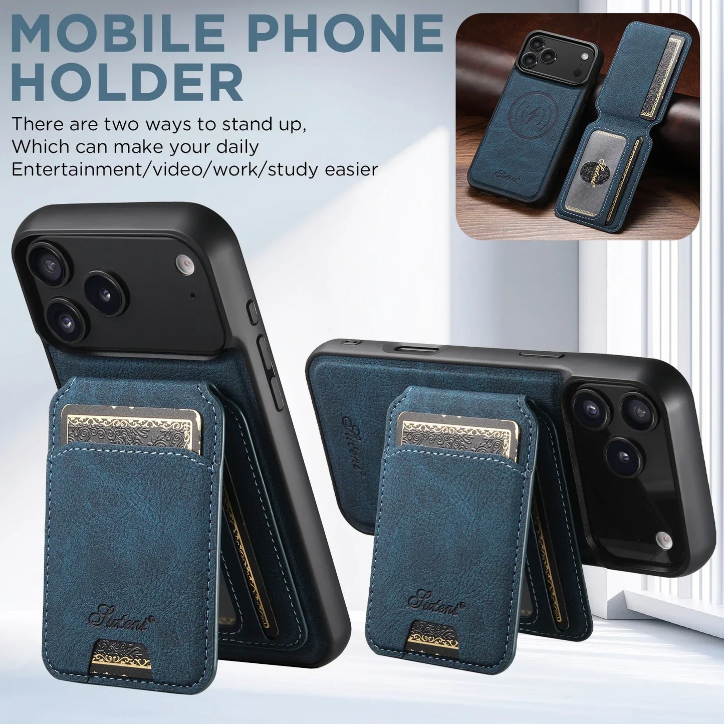 Wireless Charging Phone Case Magnet Card Holder Stand Faux Leather For iPhone 17 Pro Max 16 Plus 15 14 13 12