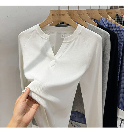 2026 Women's Basic Style Slim Fit V-Neck Long Sleeve T-Shirt Korean Style Versatile Simple Base Layer Top Casual Tee for Women