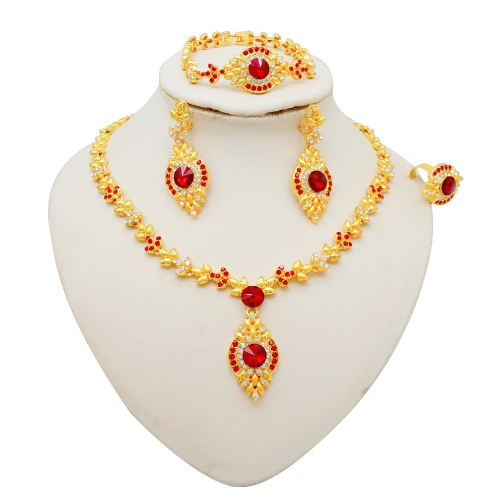 Women Gold Color Jewelry Sets Blue Pendant Necklace Earrings Bracelet Ring Sets Party Gifts