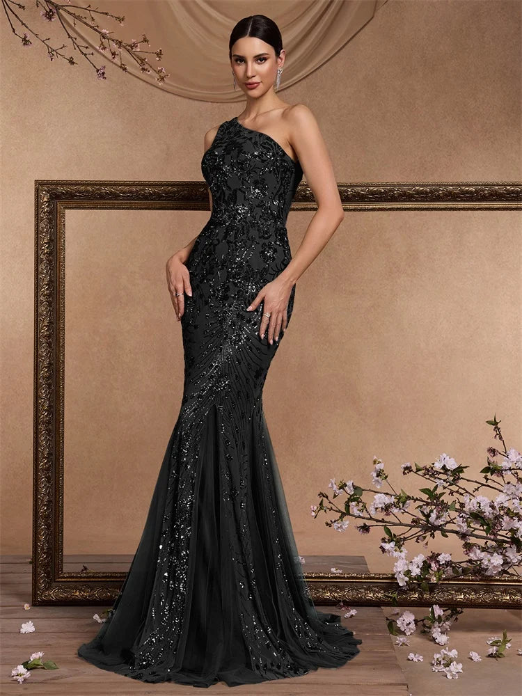 Luxury Skew-shouldered Applique Sequins Formal Evening Dresses Elegant Mermaid Maxi Sleeveless Party Cocktail Prom