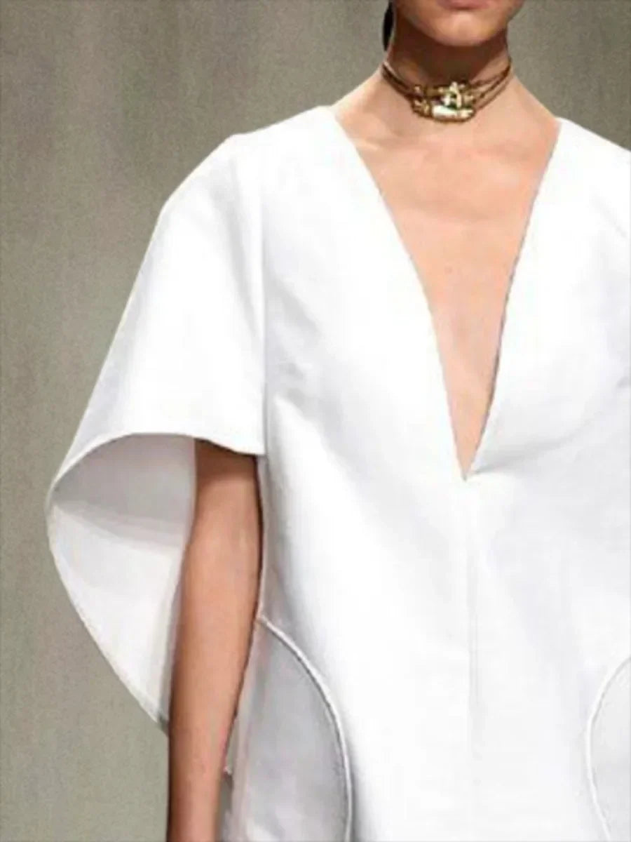 Fashion Black White Color Short Dress For Women 2025 New Spring Deep V-neck Half Sleeves Loose Prom Party Mini Dresses