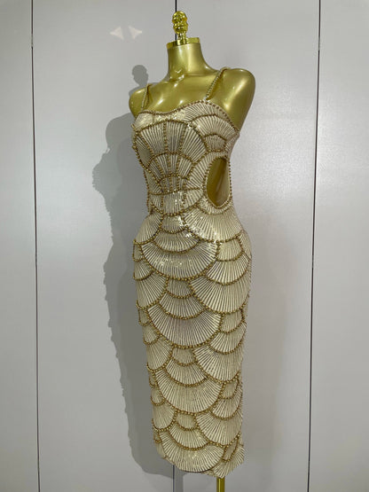 Women Hot Sale Sleeveless Sexy Strap Pearl Beading Sequins Bodycon Long Dress Celebrate Evening Party Birthday Outfit Vestido