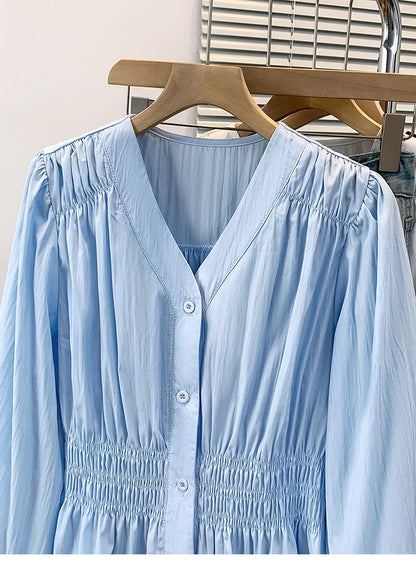 2026 V-neck Long Sleeved Plus Size Shirt Loose Pleated Ruffle Oversized Tops Ladies Chic Elegant Solid Versatile Blouse