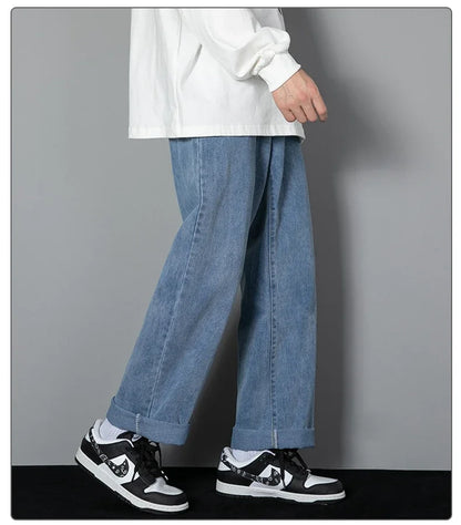 2026 New Korean Men's Casual Long Jeans Classic Man Straight Denim Wide-leg Pants Solid Color Light Blue Black 3XL Cargo Jean