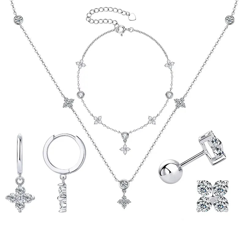 Moissanite Necklace Bracelet Earring 925 Sterling Silver Four Leaf Flower Pendant Moissanites Jewelry Set For Wedding Gift