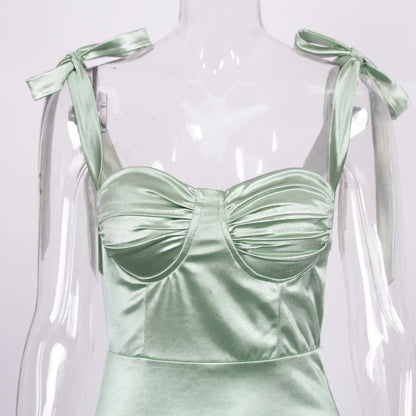 Sexy Sweetheart Ruched Padded Satin Maxi Dress Side Split Tie Up Sleeveless Cocktail Party Evening Bridesmaids PromGown