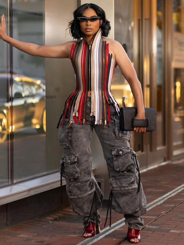 Backless Irregular Hem Tank Tops Woman Colorful Stripe Halter Multiple Zip Design Bandage High Street Hip-Hop Style Vests