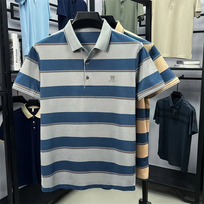 Light luxury striped color blocked short sleeve polo shirt brand symbol emboss high-end casual summer silky smooth men's T-shirt