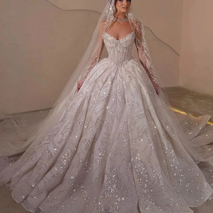 Customized Wedding Dresses Sequins Pearls Bridal Ball Gowns Strapless Sleeveless Princess Bride Dress Vestidos De Novia