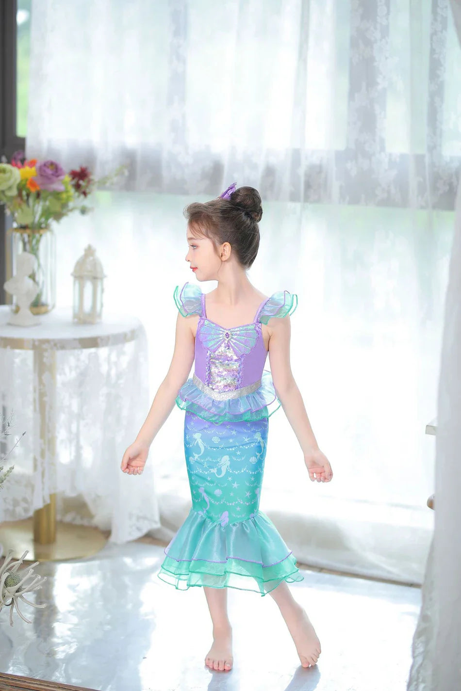 Ariel Cosplay Princess Costume Kids Cartoon Printed Dress Girls Halloween Children Carnival Birthday Party Clothes