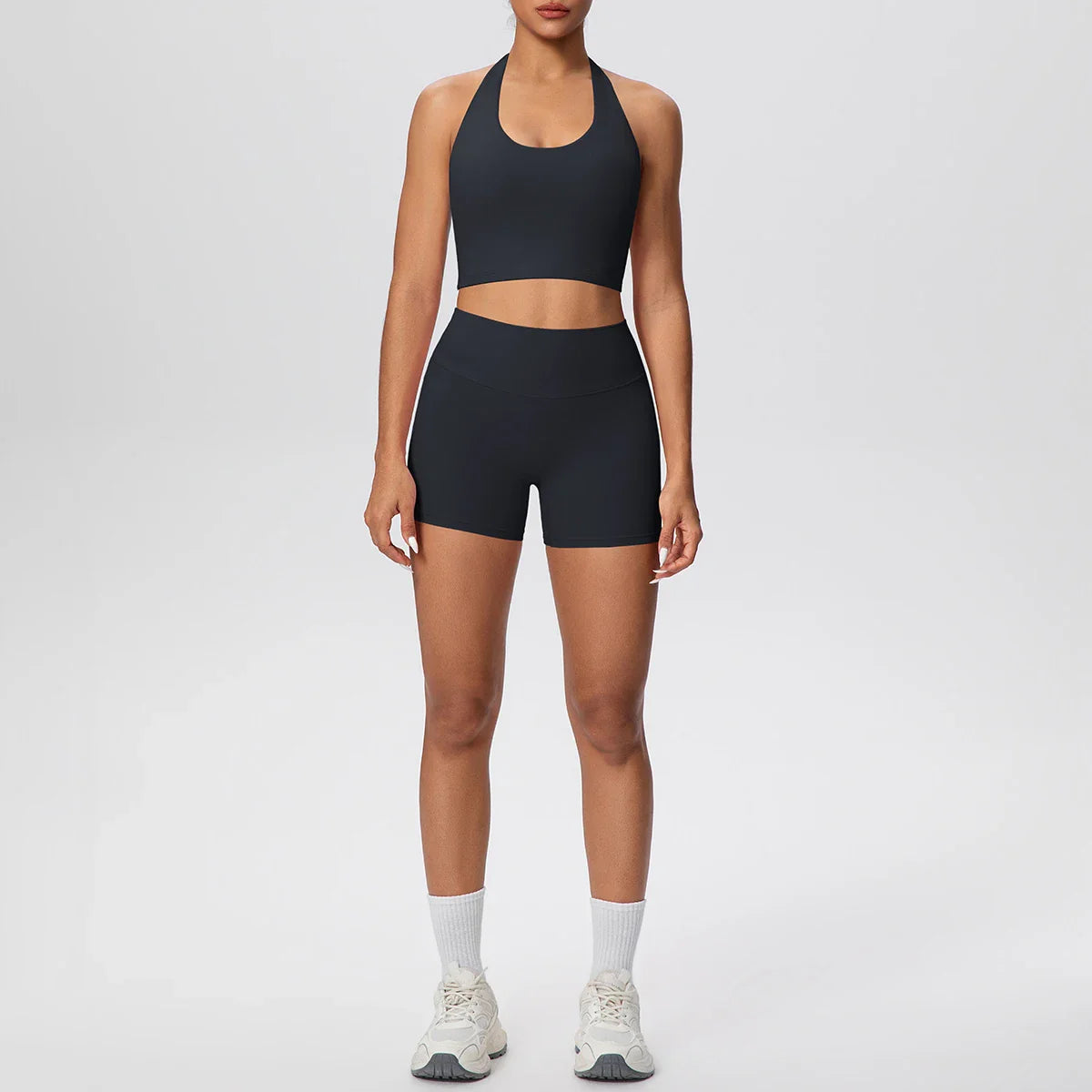 2picese Women Yoga Suit Solid Color High Waist Hip Push Up Fitness Shorts Sexy Pilates Backless Gym Hanging Neck Bra Yoga Set