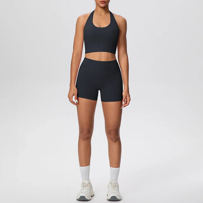 2picese Women Yoga Suit Solid Color High Waist Hip Push Up Fitness Shorts Sexy Pilates Backless Gym Hanging Neck Bra Yoga Set