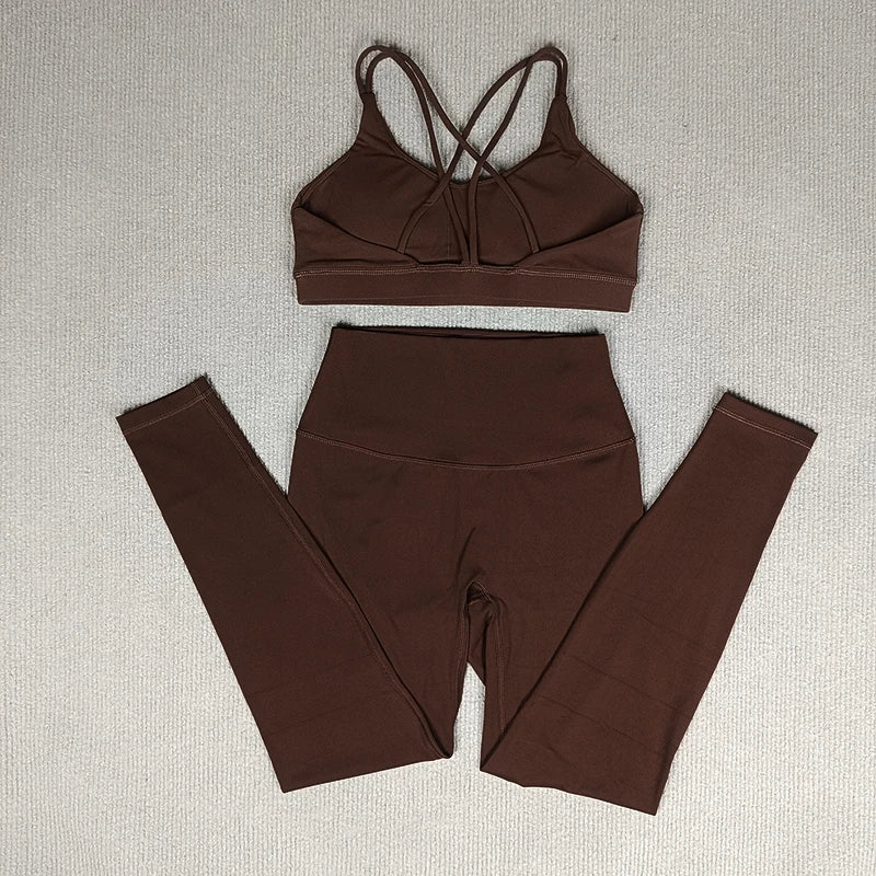 2 Pcs Women's Gym Tights Yoga Sports Set High Waist Leggings Cross Back Bra Top Fitness Running Workout Tracksuit