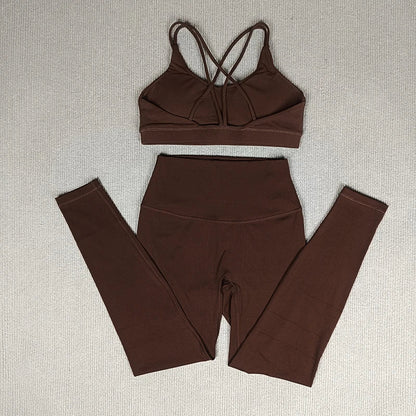 2 Pcs Women's Gym Tights Yoga Sports Set High Waist Leggings Cross Back Bra Top Fitness Running Workout Tracksuit