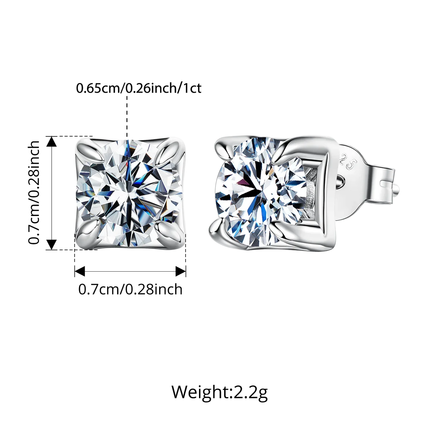 Original Square Moissanite Stud Earrings, S925 Silver 4 Prongs D Color Round Cut Lab Sparkling Wedding Fine Jewelry