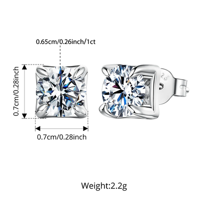 Original Square Moissanite Stud Earrings, S925 Silver 4 Prongs D Color Round Cut Lab Sparkling Wedding Fine Jewelry