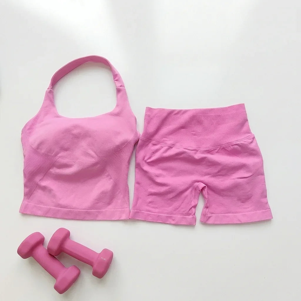 Sexy Halter Neck Beautiful Back High Waist Peach Sports Bras Shorts Suit Pilates Gathering Yoga Vest Training Fitness Bra Sets