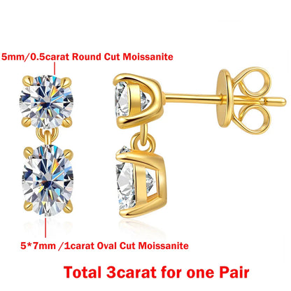 3cttw  Certified Oval/Round Cut Moissanite Diamond Drop Earrings for Women 100% 925 Sterling Silver Stud Earring Fine Jewelry