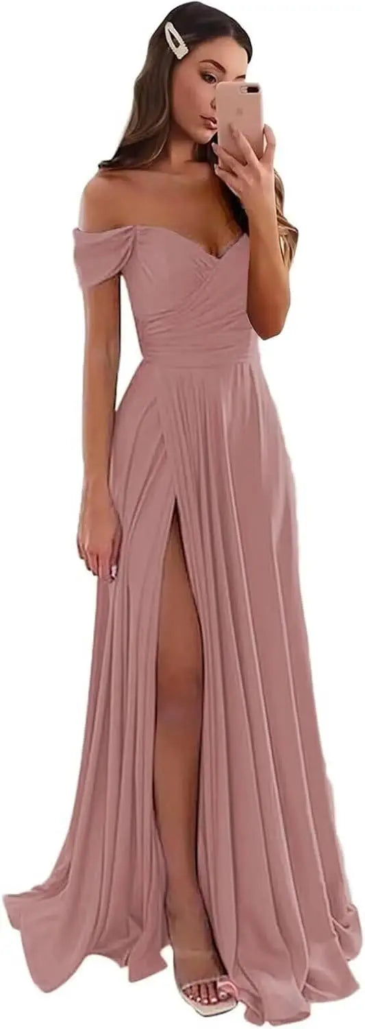 Women's Satin Prom Dresses Long Slit Formal Dresses Off Shoulder Evening Wedding Party Gowns Ruched Sweetheart Lace up Back
