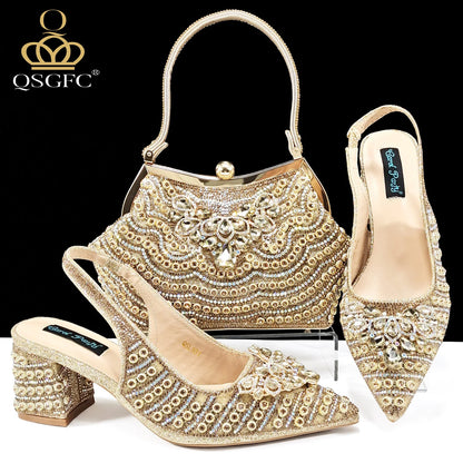 INS Full Rhinestone Comfortable high heel shoes And Bag Fashion Style Pointed-Toe Shoes For Women