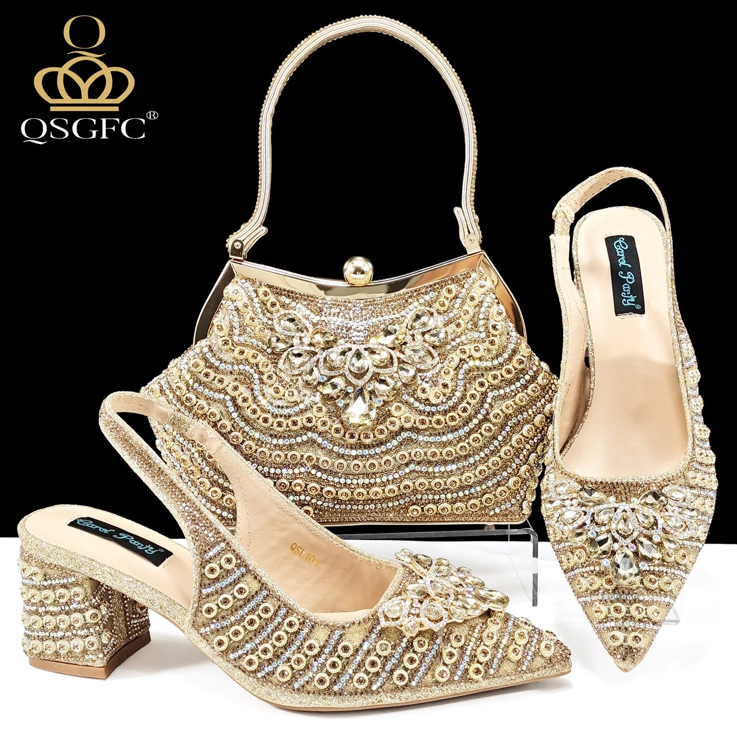 Full Rhinestone Comfortable high heel shoes And Bag Fashion Style Pointed-Toe Shoes For Women